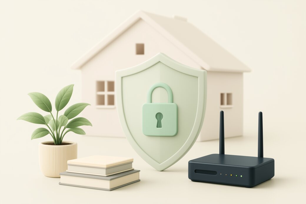 A home router and a padlocked shield in front of a house
