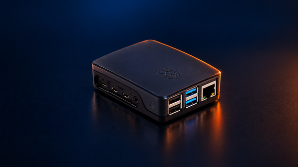 A Raspberry Pi 4 in a small black case, showing its USB and network ports